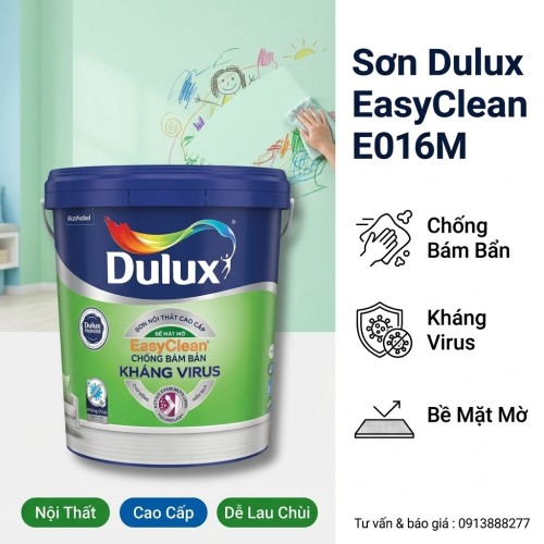 Sơn Dulux Trong Nhà EasyClean Kháng Virus Chống Bám Bẩn E016 Bề Mặt Mờ 15L