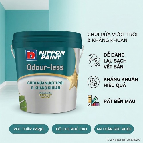 Sơn Nippon Trong Nhà Odour Less Chùi Rửa Vượt Trội Kháng Khuẩn 15L