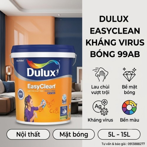 Sơn nội thất Dulux EasyClean Lau Chùi Vượt Trội Kháng Virus 99AB Bóng 15L