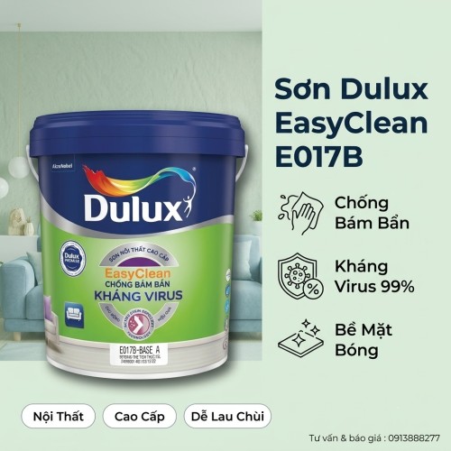 Sơn Trong Nhà Dulux EasyClean Kháng Virus Chống Bám Bẩn E017B Bóng 15L