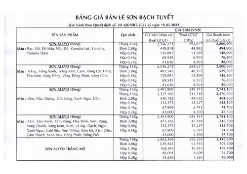 Sơn Bạch Tuyết - Bảng giá và Bảng màu