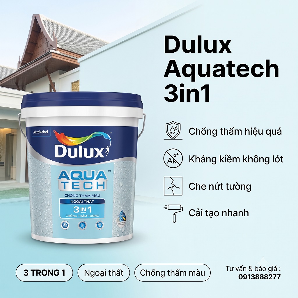 Sơn Chống thấm Tường Dulux Aquatech 3in1 V189 Ngoài Trời Sơn Trực Tiếp Lên Tường Bê Tông Không Cần Lót