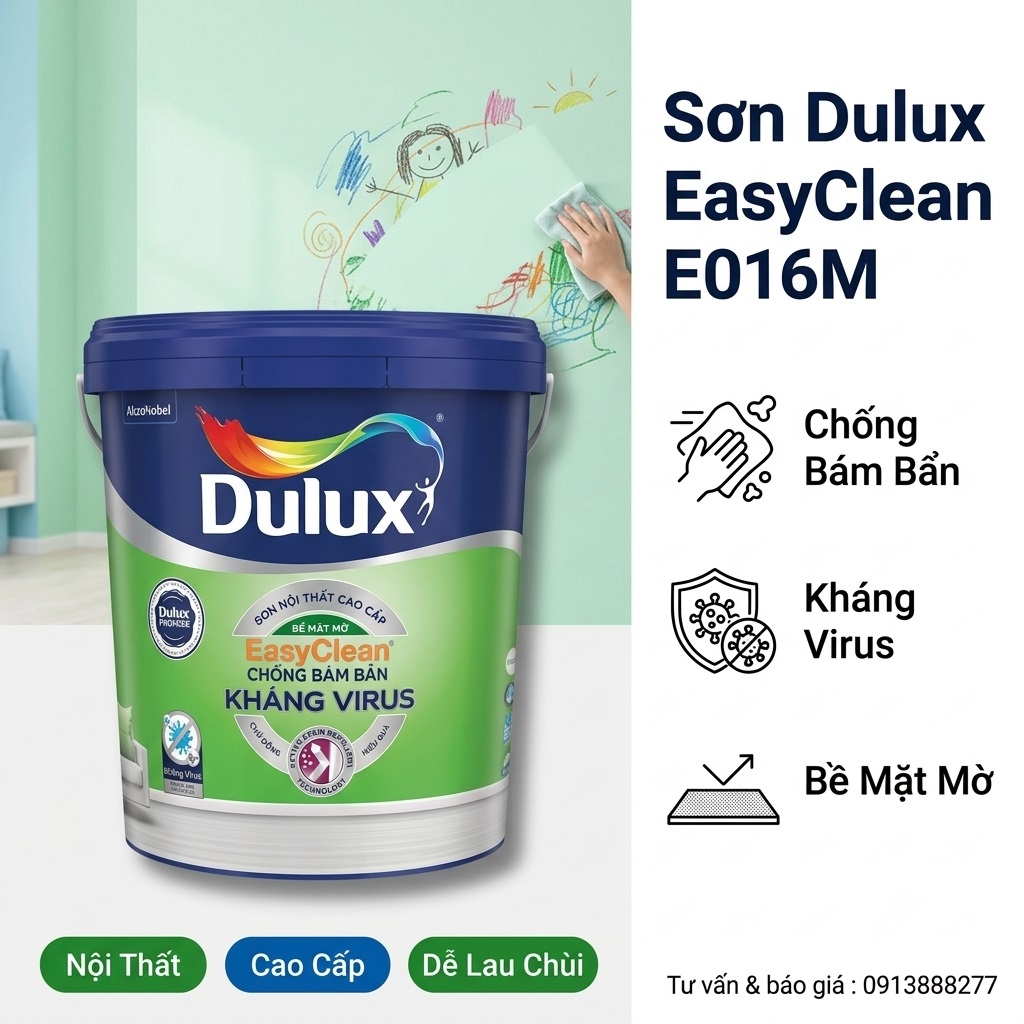 Sơn Dulux Trong Nhà EasyClean Kháng Virus Chống Bám Bẩn E016 Bề Mặt Mờ 15L