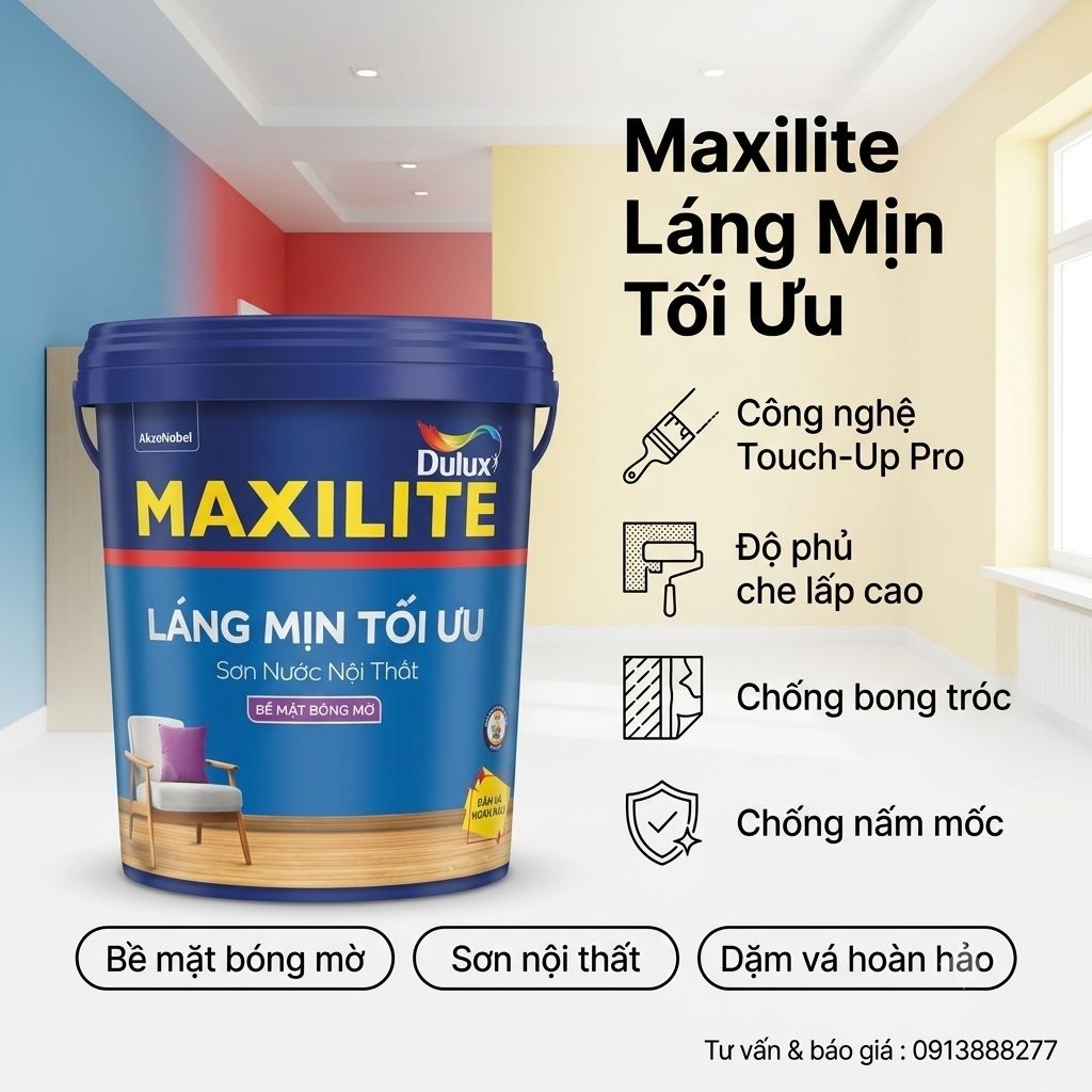 Sơn Maxilite Trong Nhà Láng Mịn Tối Ưu Bề Mặt Bóng M16B Thùng 15L