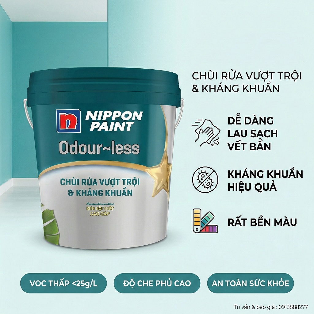 Sơn Nippon Trong Nhà Odour Less Chùi Rửa Vượt Trội Kháng Khuẩn 15L