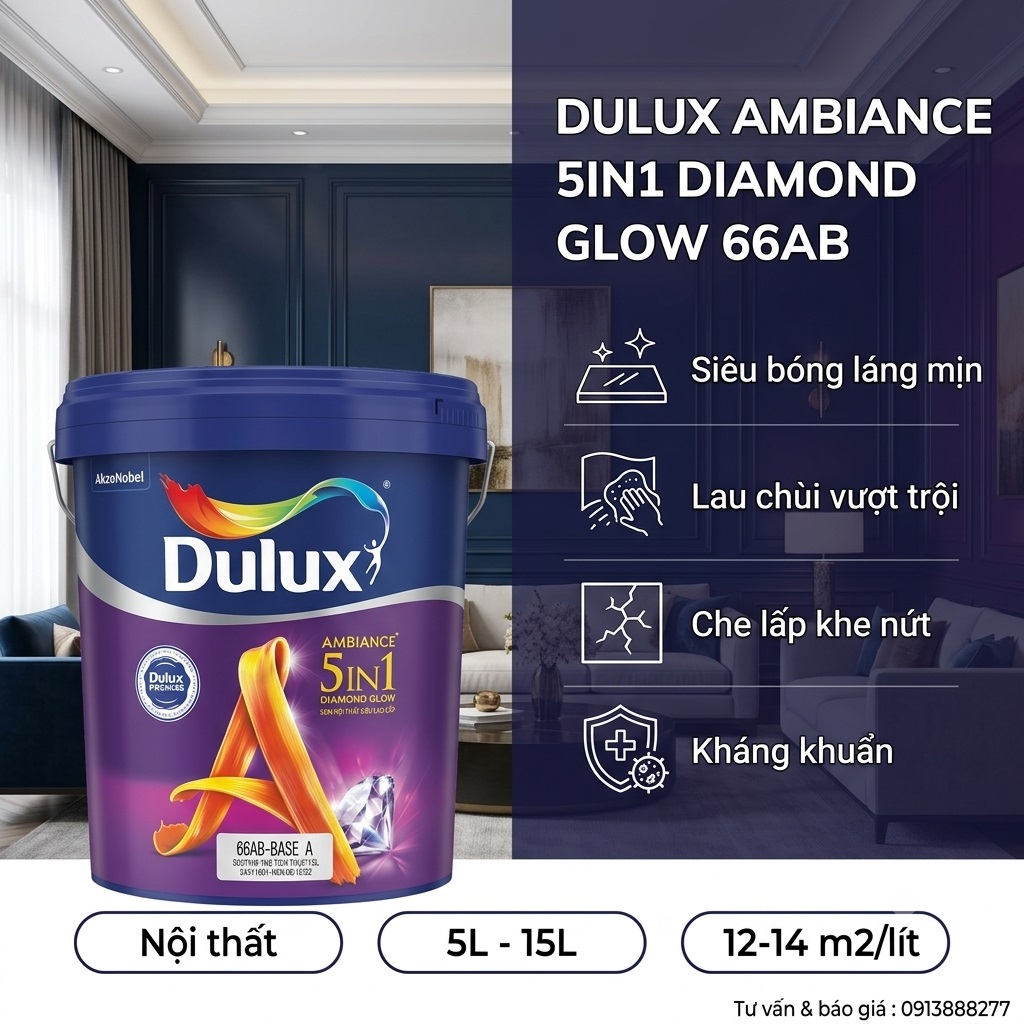 Sơn nội thất Dulux 5in1 Diamond Glow 66AB Siêu Bóng 15L