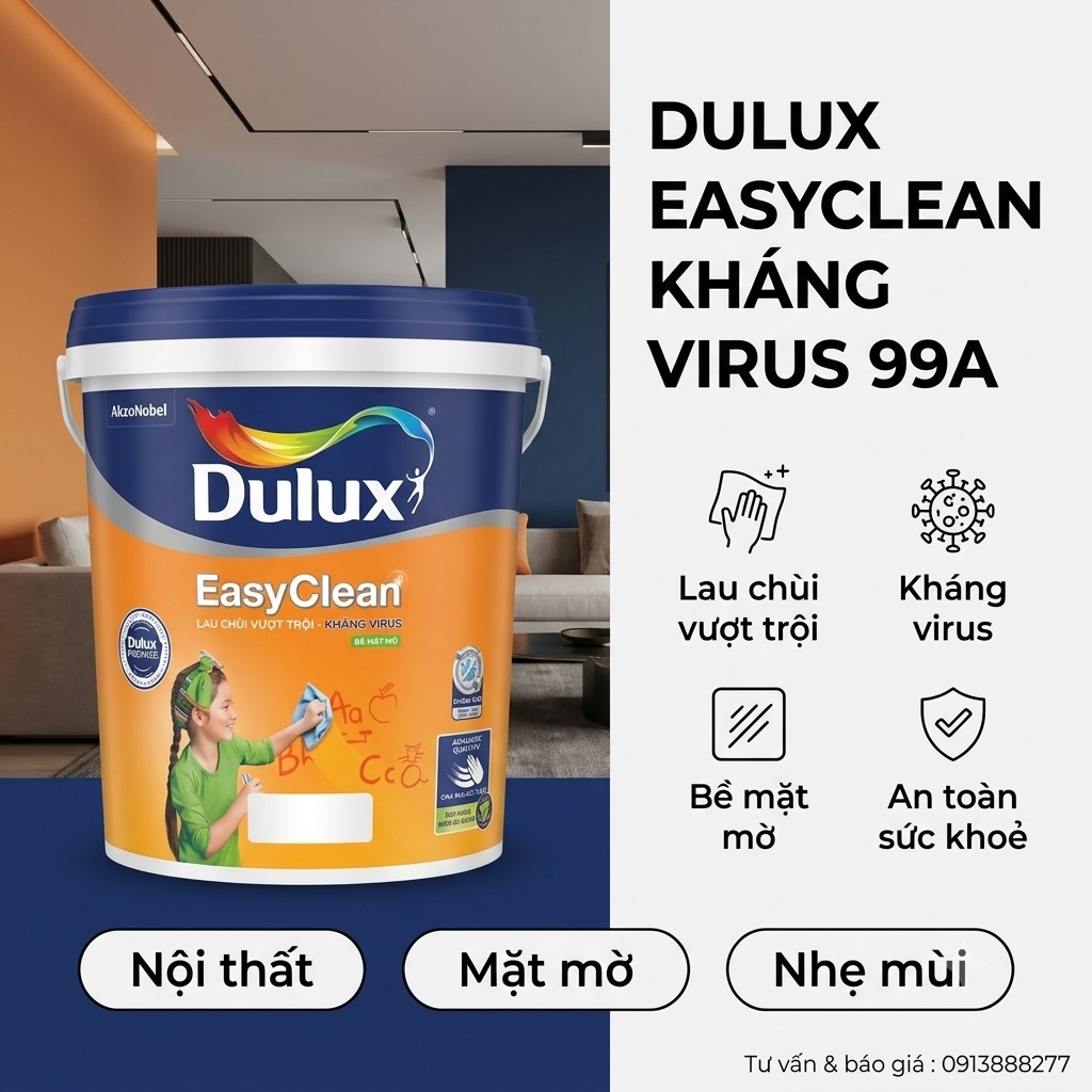 Sơn nội thất Dulux EasyClean Lau Chùi Vượt Trội Kháng Virus 99A Mờ 15L